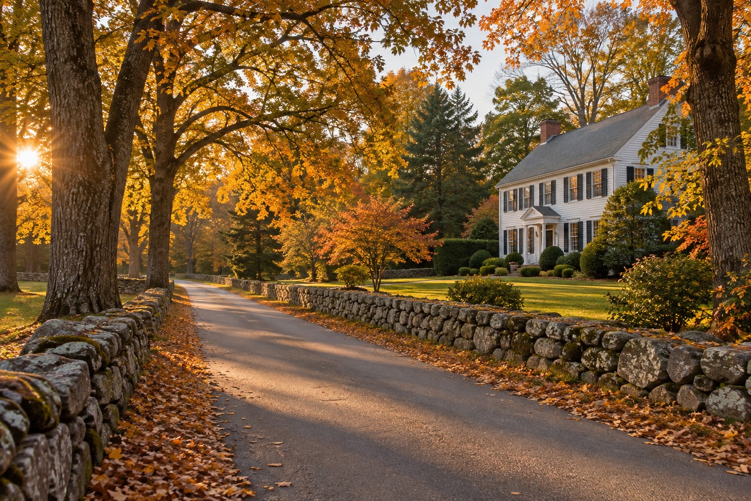 A Mendham New Jersey country lane at golden hour, illustrative