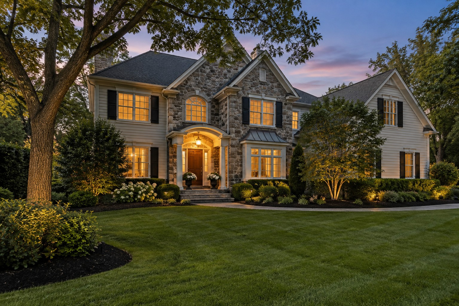 A New Jersey home exterior at dusk, illustrative